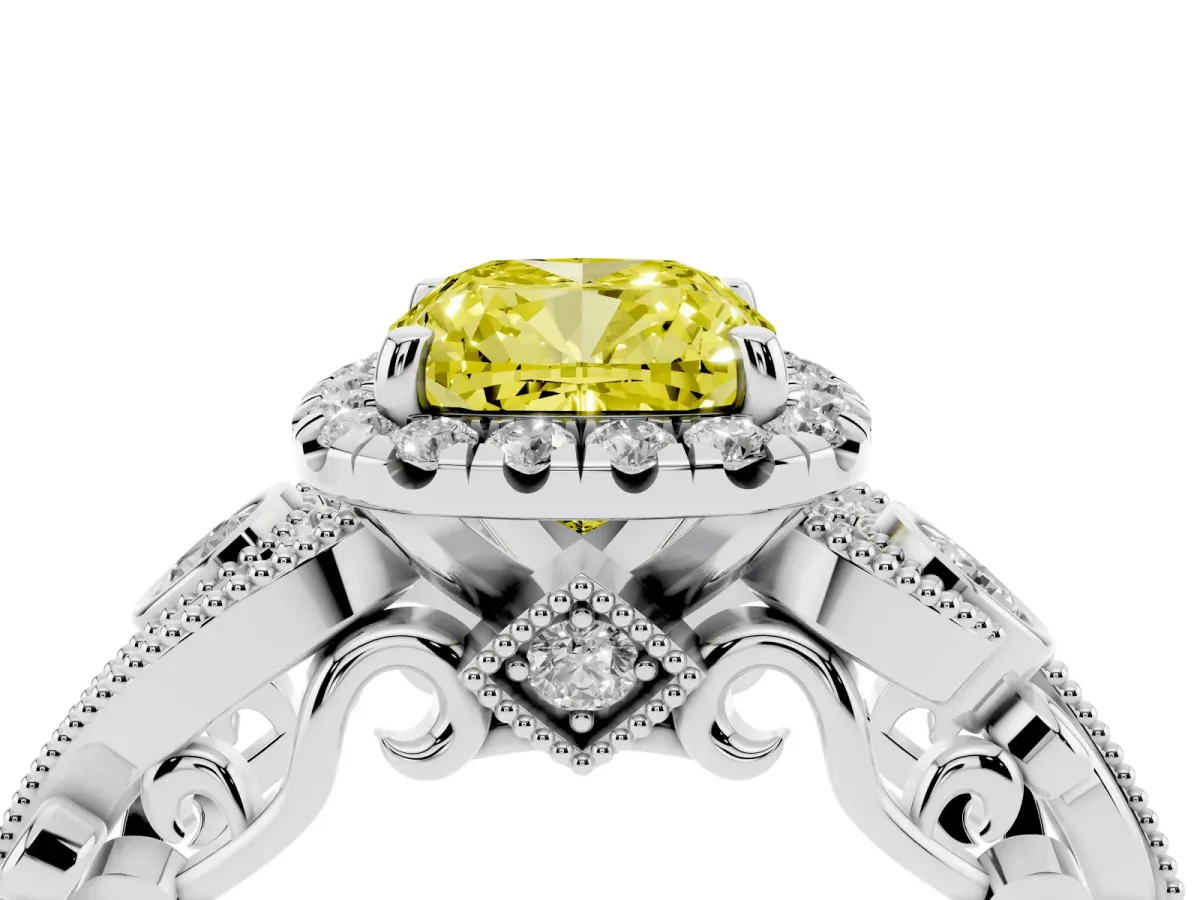 Fancy Yellow Cushion Cut Halo Diamond Ring with Milgrain and Bezel Accents on a Split Shank Band Platinum