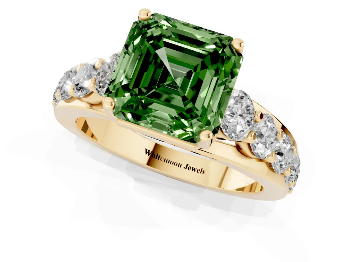 Fancy Green Asscher Cut Diamond Engagement Ring with Pavé Band and Four-Prong Setting Yellow gold