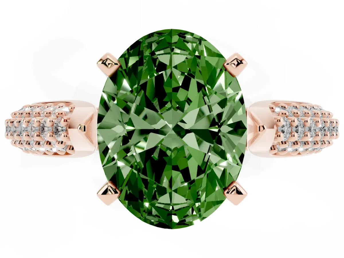 Fancy Green Oval Cut Diamond Solitaire Engagement Ring with Multi-Row Round Pavé Band and Prong Setting Rose gold