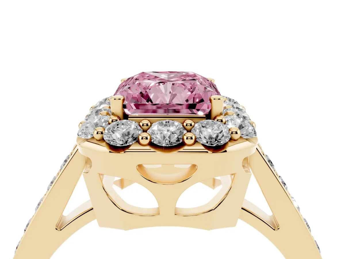 Fancy Pink Radiant Cut Diamond Floral Halo Ring with Pavé Band and Prong Setting Yellow gold