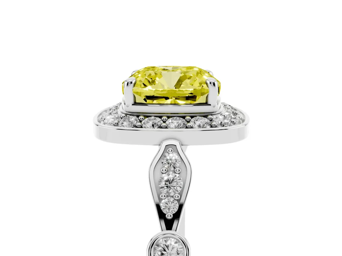 Fancy Yellow Cushion Cut Halo Diamond Engagement Ring with Twisted Band and Four-Prong Setting White gold