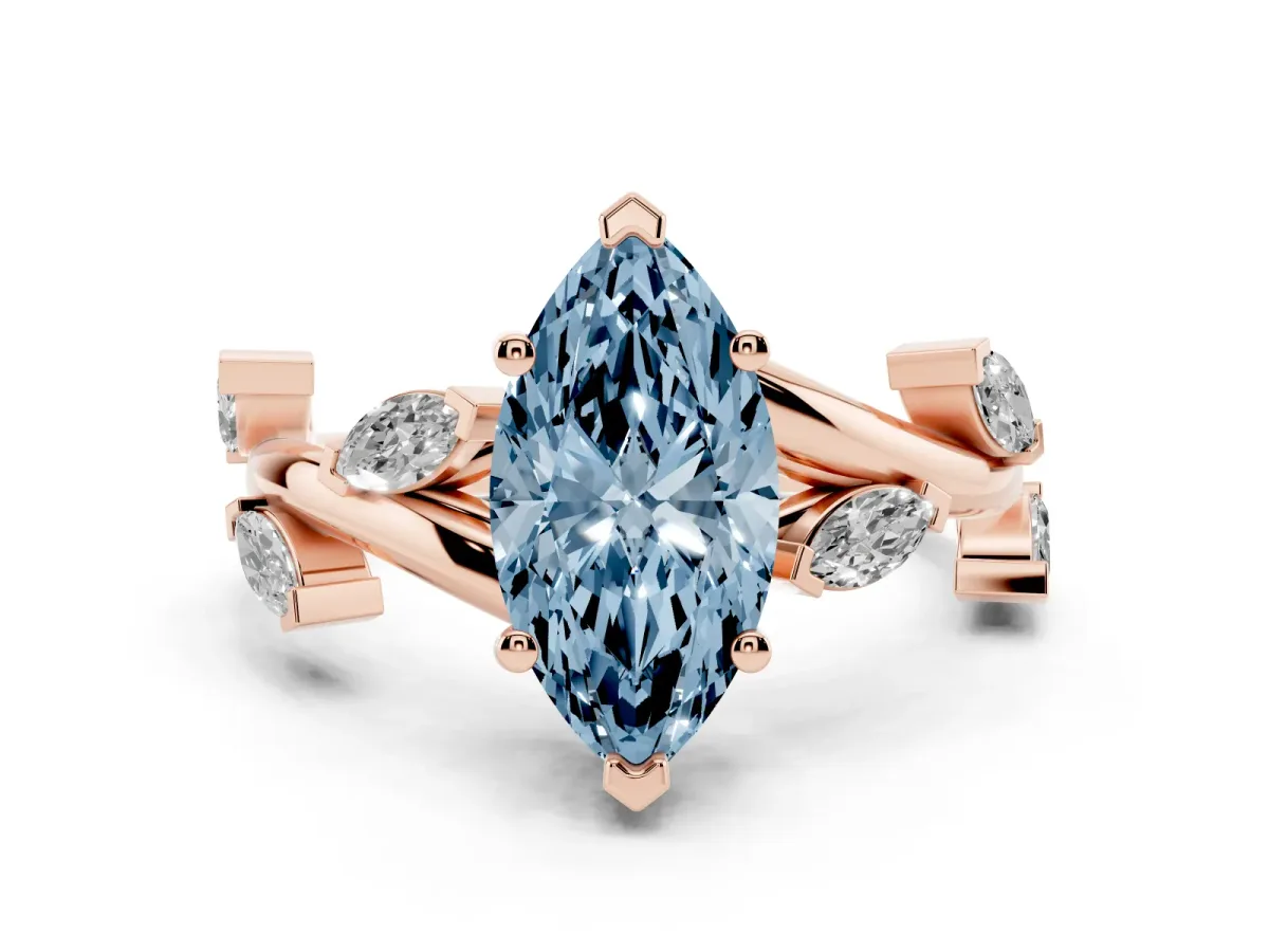 Fancy Blue Marquise Cut Solitaire Twisted Band Marquise Accent Prong Setting Ring Rose gold