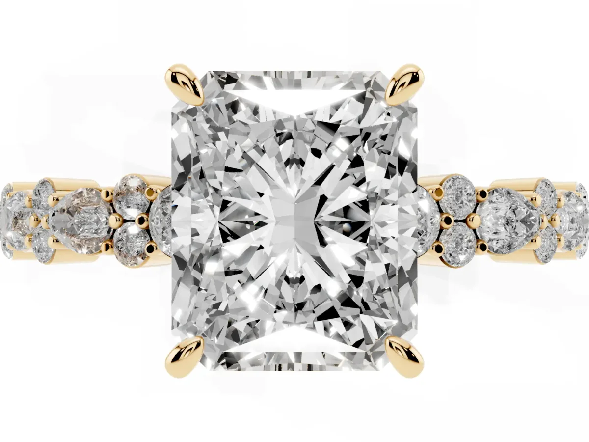 Radiant Cut Diamond Side Stone Solitaire Ring with Round and Four-Prong Setting Yellow gold