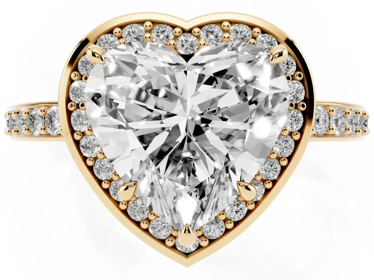 Heart Cut Halo Pave Band Solitaire Ring with Prong Setting Yellow gold