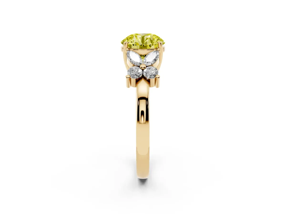 Fancy Yellow Round Cut Diamond Floral Cluster Ring with Solitaire Band and Prong Setting Yellow gold