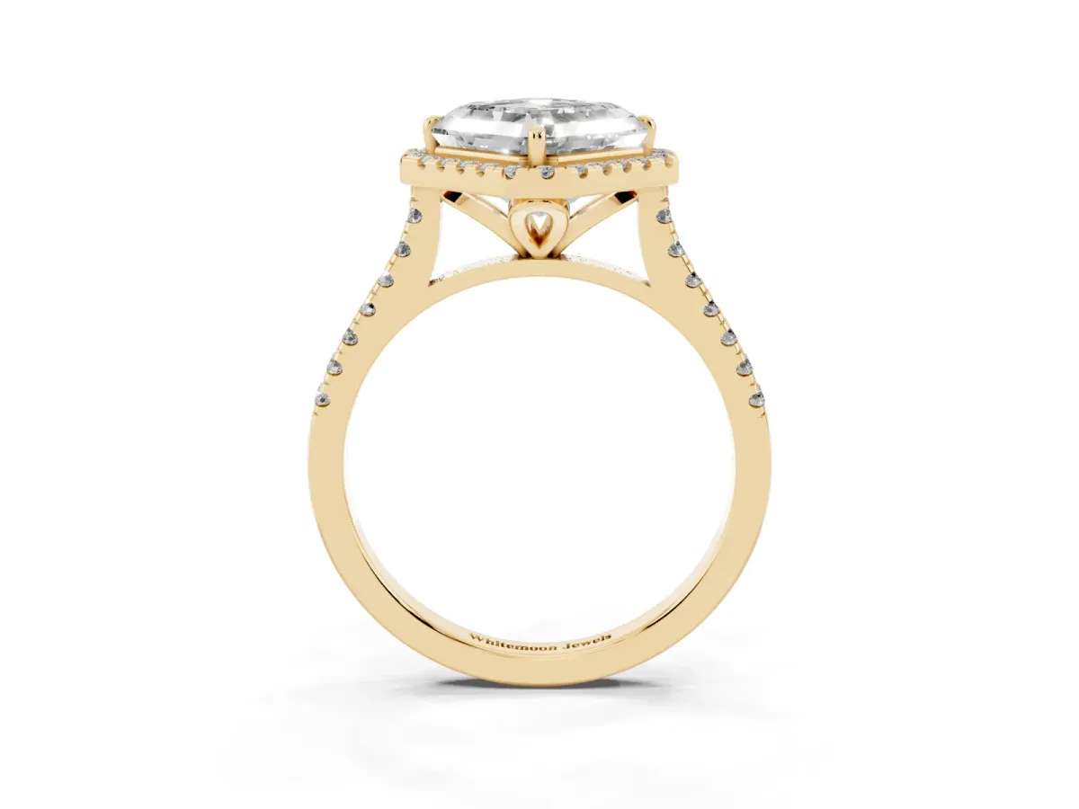Asscher Cut Diamond Cushion Halo Ring with Pavé Band Yellow gold