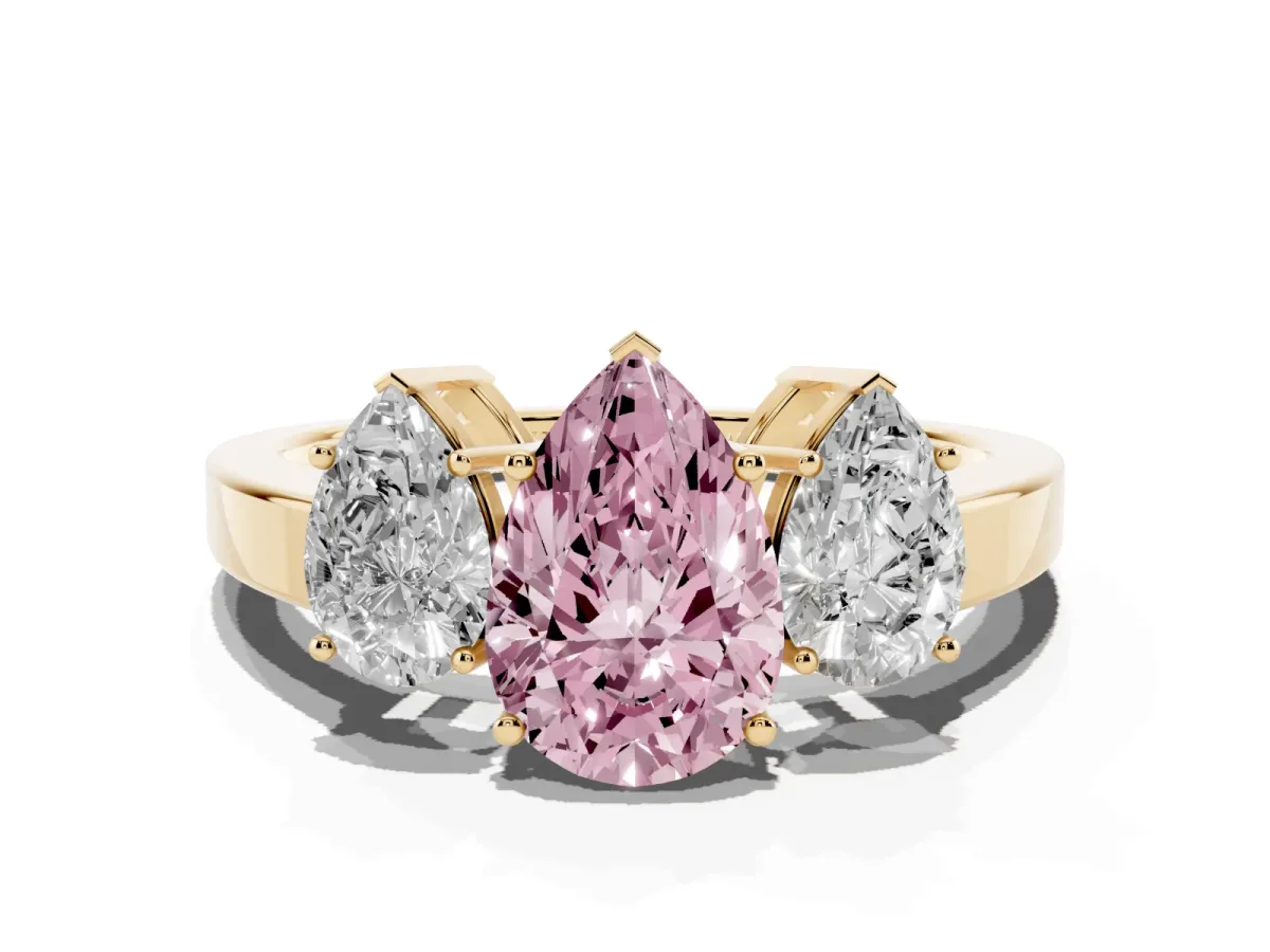 Fancy Pink Three-Stone Pear Cut Cut Diamond Engagement Ring with Flat Band and Four-Prong Setting Yellow gold