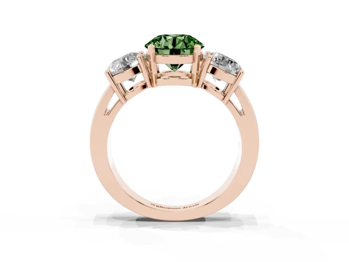 Fancy Green Three-Stone Round Cut Diamond Ring with Round Side Stones, Classic Band, and Four-Prong Setting Rose gold