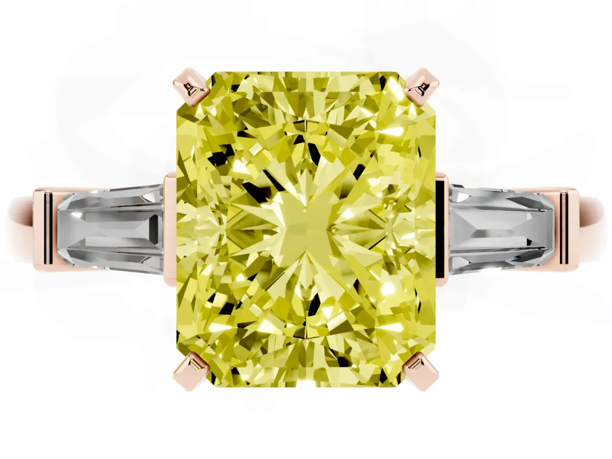 Fancy Yellow Radiant Cut Cut Diamond Solitaire Ring with Tapered Baguette Accents and Four-Prong Setting Rose gold