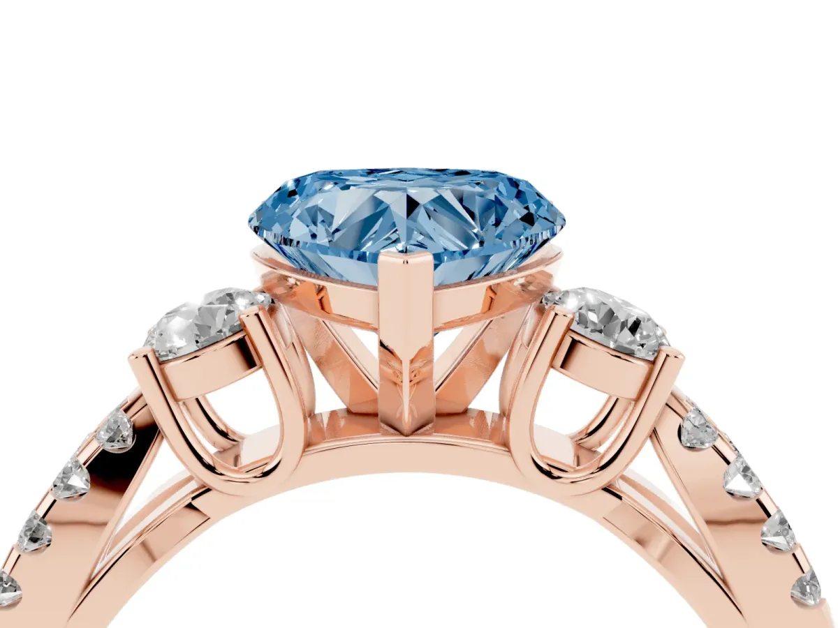 Fancy Blue Heart Cut Diamond Three-Stone Ring with Pavé Split Shank and Four-Prong Setting Rose gold