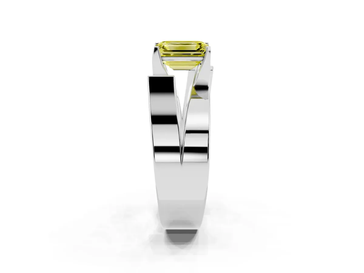 Fancy Yellow Modern Tension Set Emerald Cut Diamond Solitaire Wide Band Ring Silver