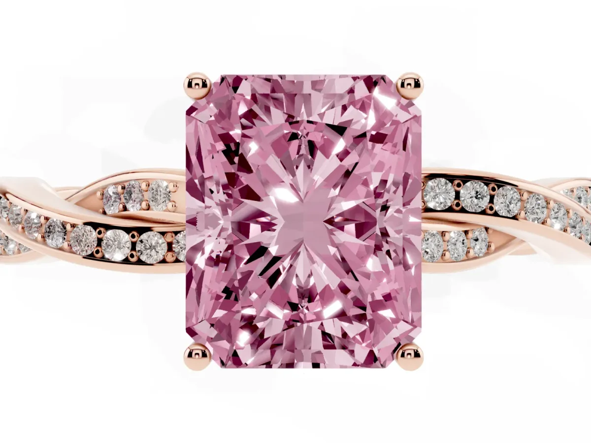 Fancy Pink Radiant Cut Solitaire Twisted Pave Diamond Ring with Four-Prong Setting Rose gold