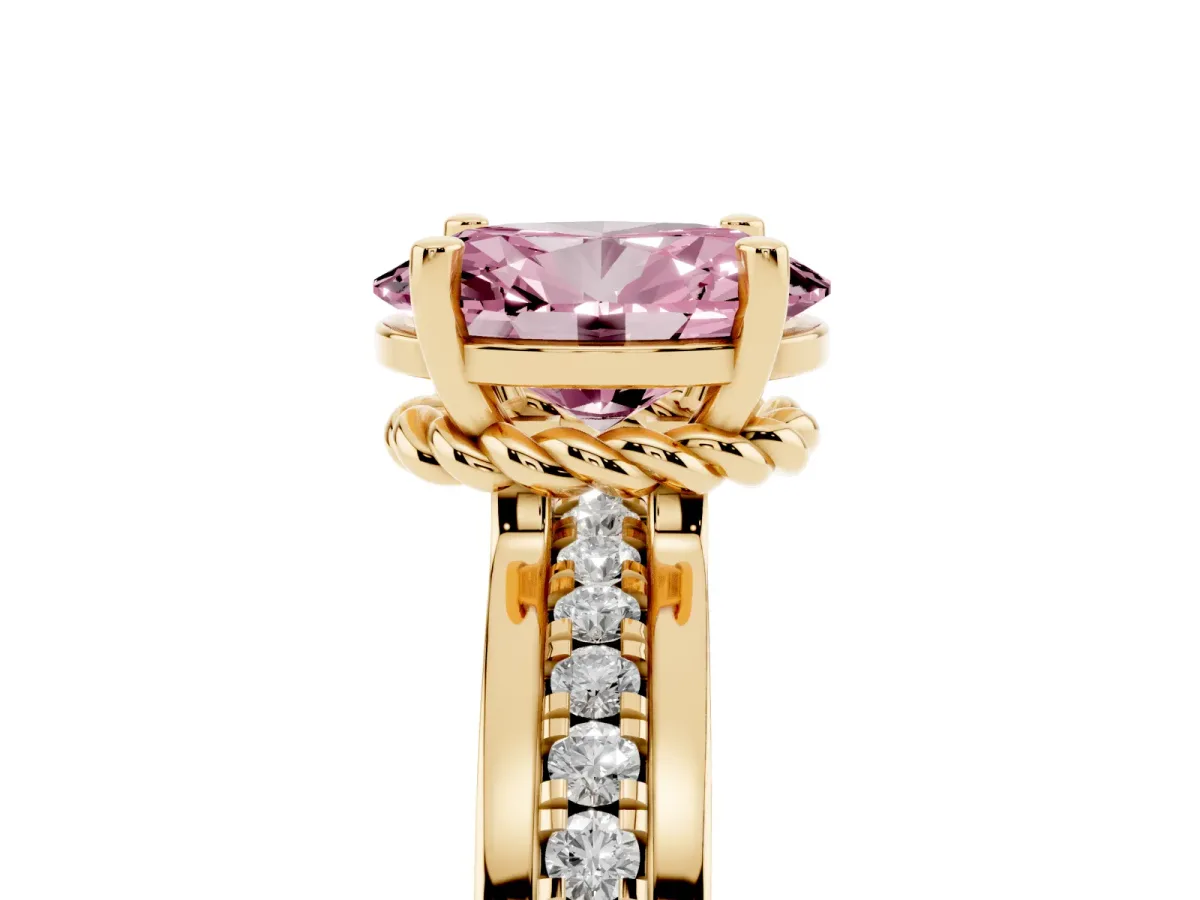 Fancy Pink Oval Cut Solitaire Diamond Ring with Channel Set Band and Six-Prong Setting Yellow gold