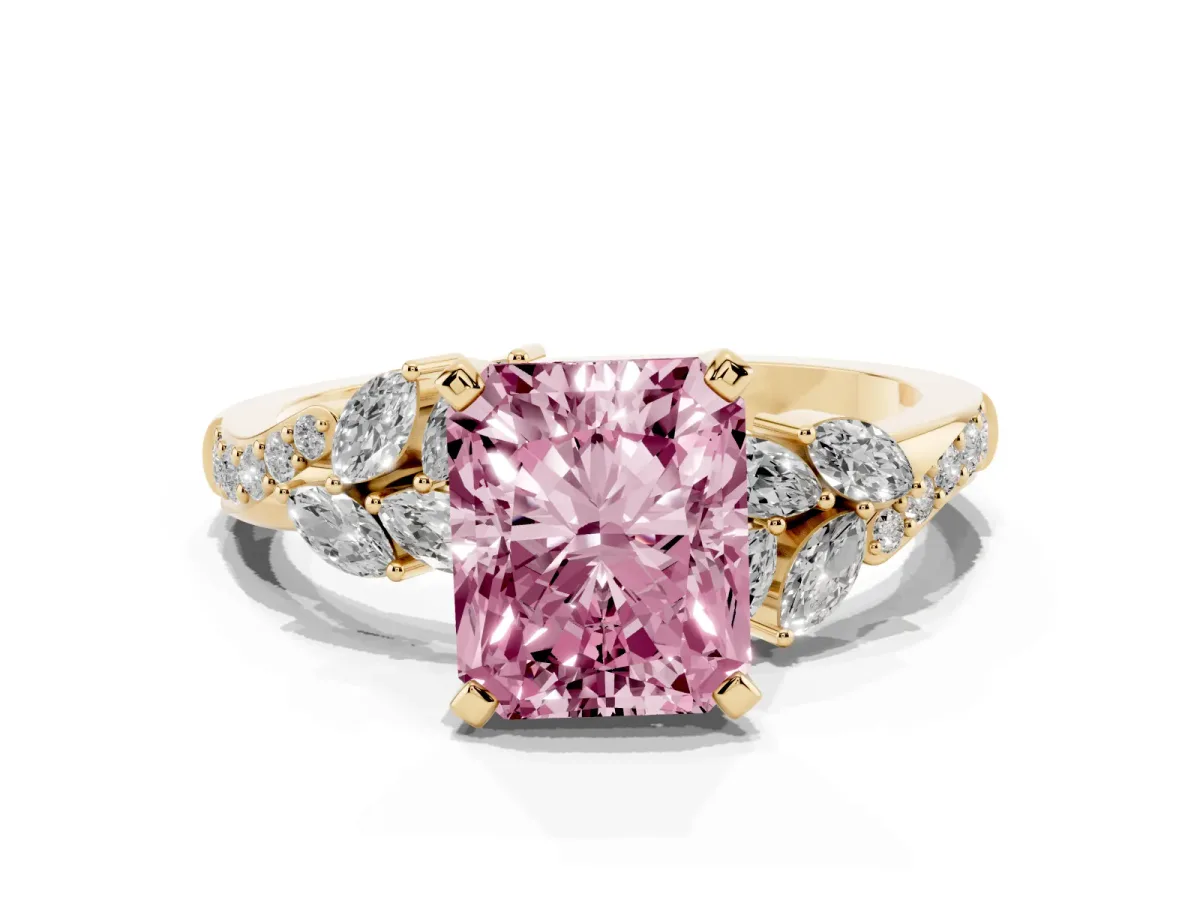 Fancy Pink Radiant Cut Solitaire Marquise Twist Band with Six-Prong Setting Yellow gold