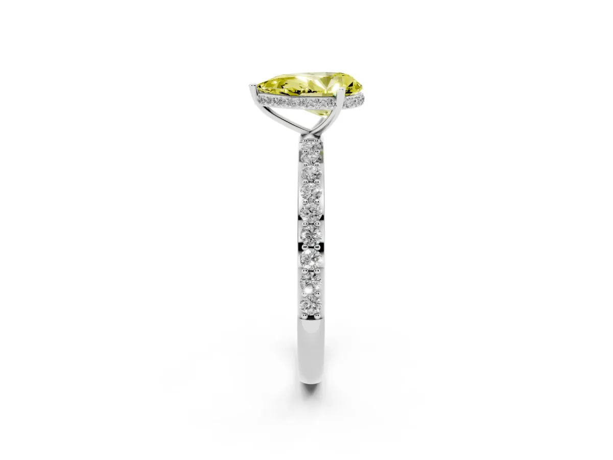 Fancy Yellow Pear Cut Diamond Solitaire Ring with Pavé Band and Hidden Halo Silver