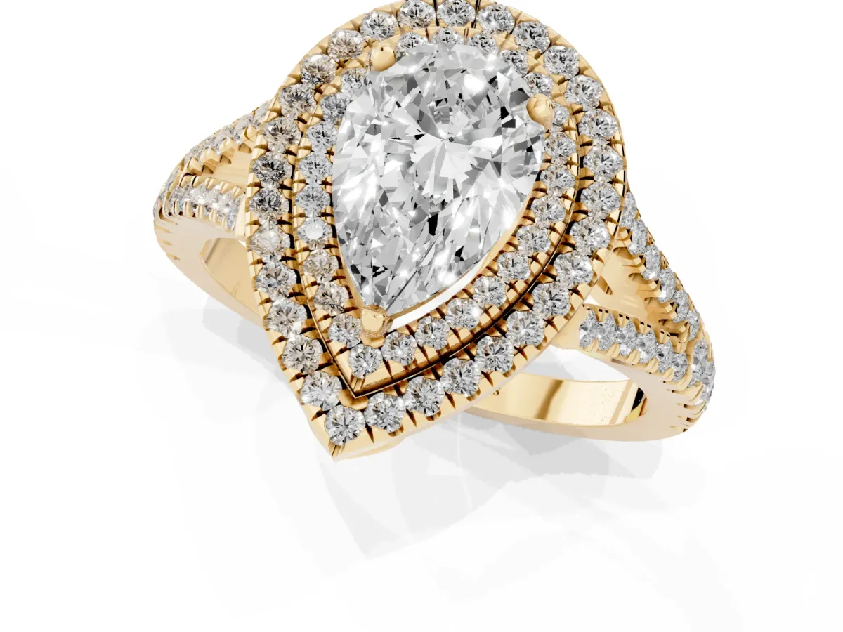 Pear Cut Diamond Double Halo Ring with Pavé Band and Prong Setting Yellow gold