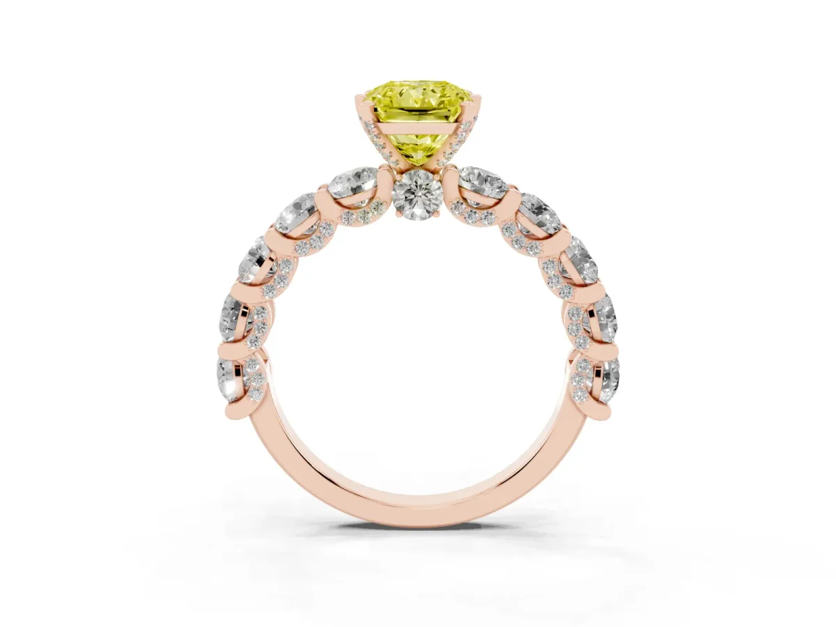 Fancy Yellow Radiant Cut Diamond Side Stone Engagement Ring with Four-Prong Setting Rose gold