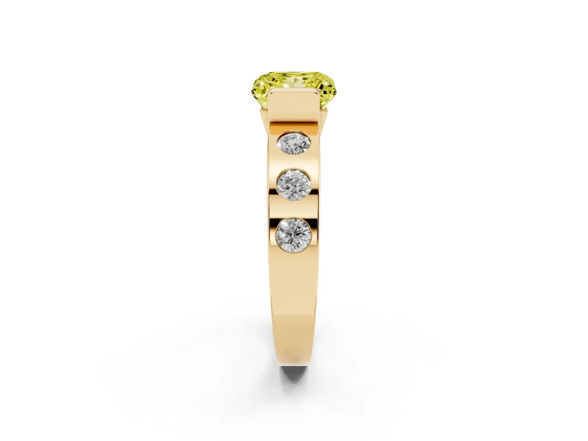 Fancy Yellow Princess Cut Brilliant Channel-Set Diamond Ring with Bezel Prong Setting Yellow gold