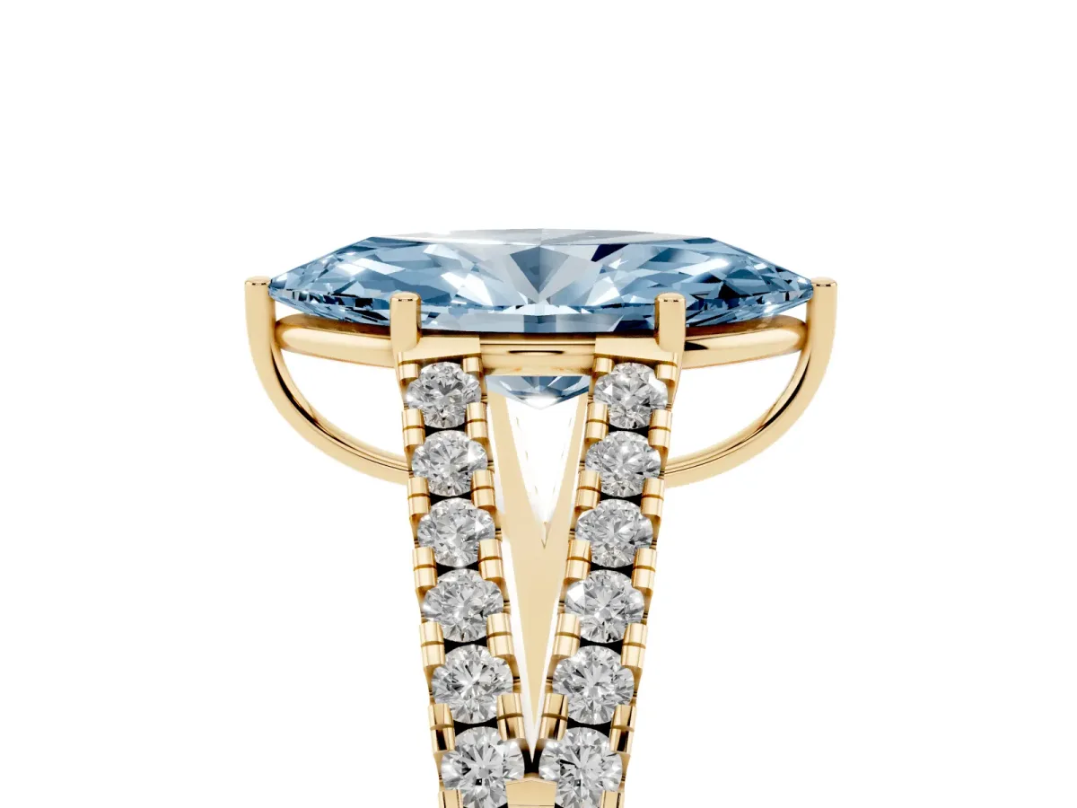 Fancy Blue Marquise Cut Diamond Split Shank Engagement Ring with Round Pavé and Prong Setting Yellow gold