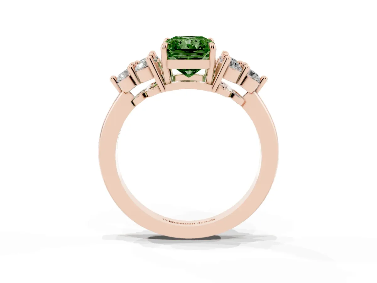 Fancy Green Radiant Cut Brilliant Diamond Cluster Accent Solitaire Ring with Prong Setting Rose gold