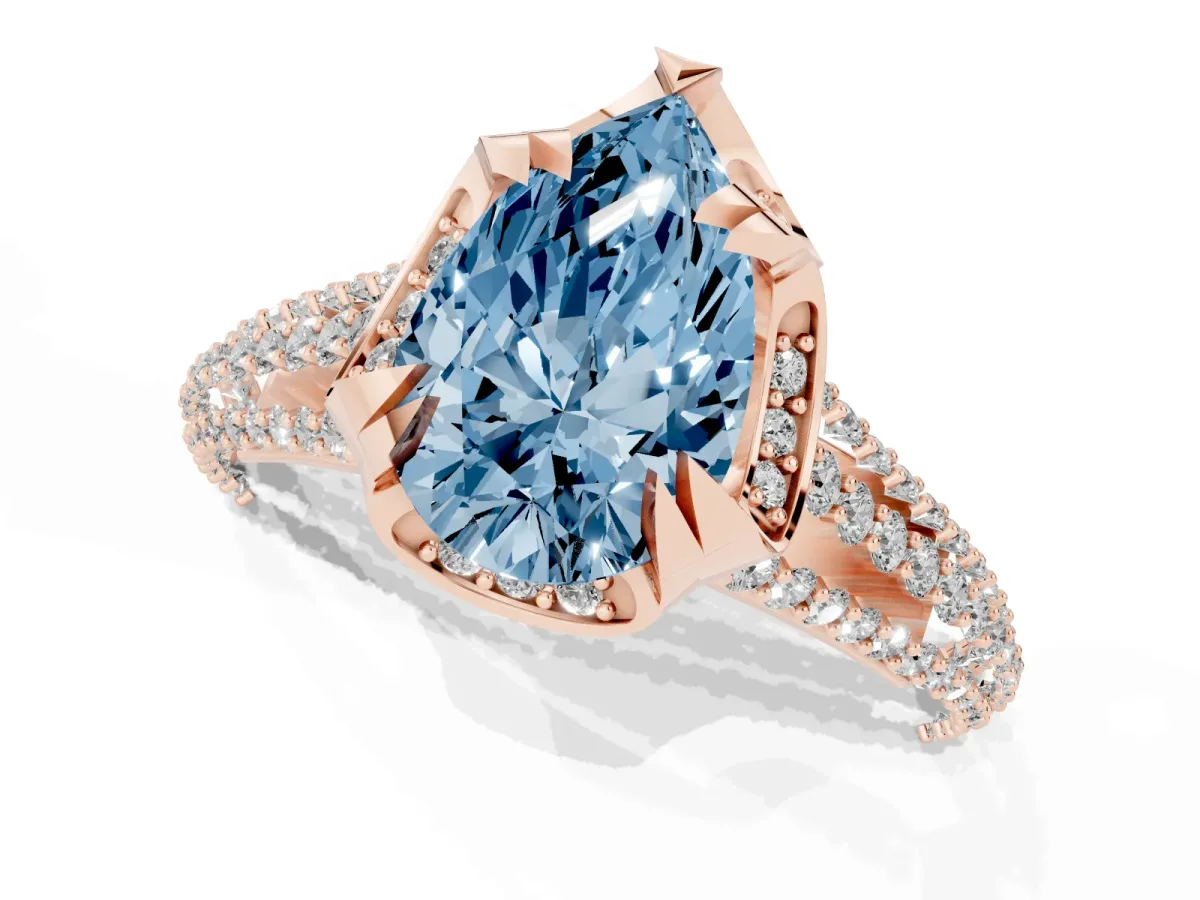 Fancy Blue Pear Cut Solitaire Pave Split Shank Ring with Four-Prong Setting Rose gold
