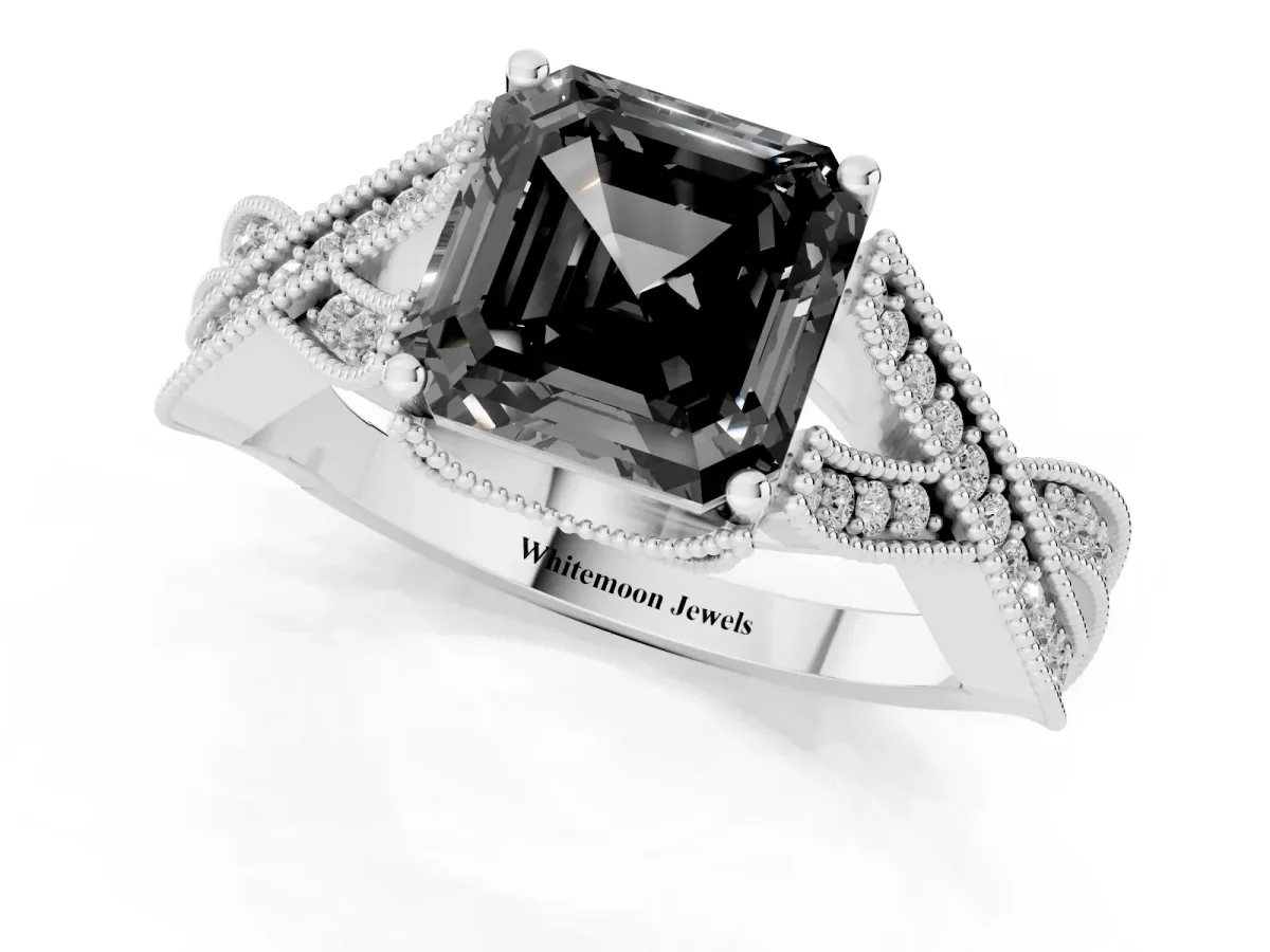 Fancy Black Asscher Cut Cut Diamond Twisted Band with Milgrain Pave Setting and Four-Prong Setting Silver