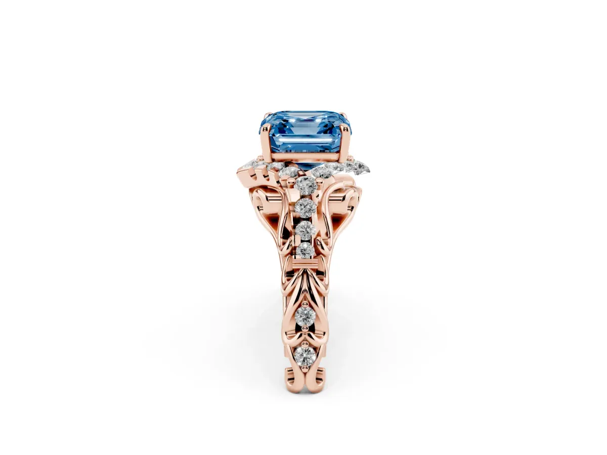 Fancy Blue Asscher Cut Diamond Solitaire Ring with Hidden Halo and Pavé Band Rose gold