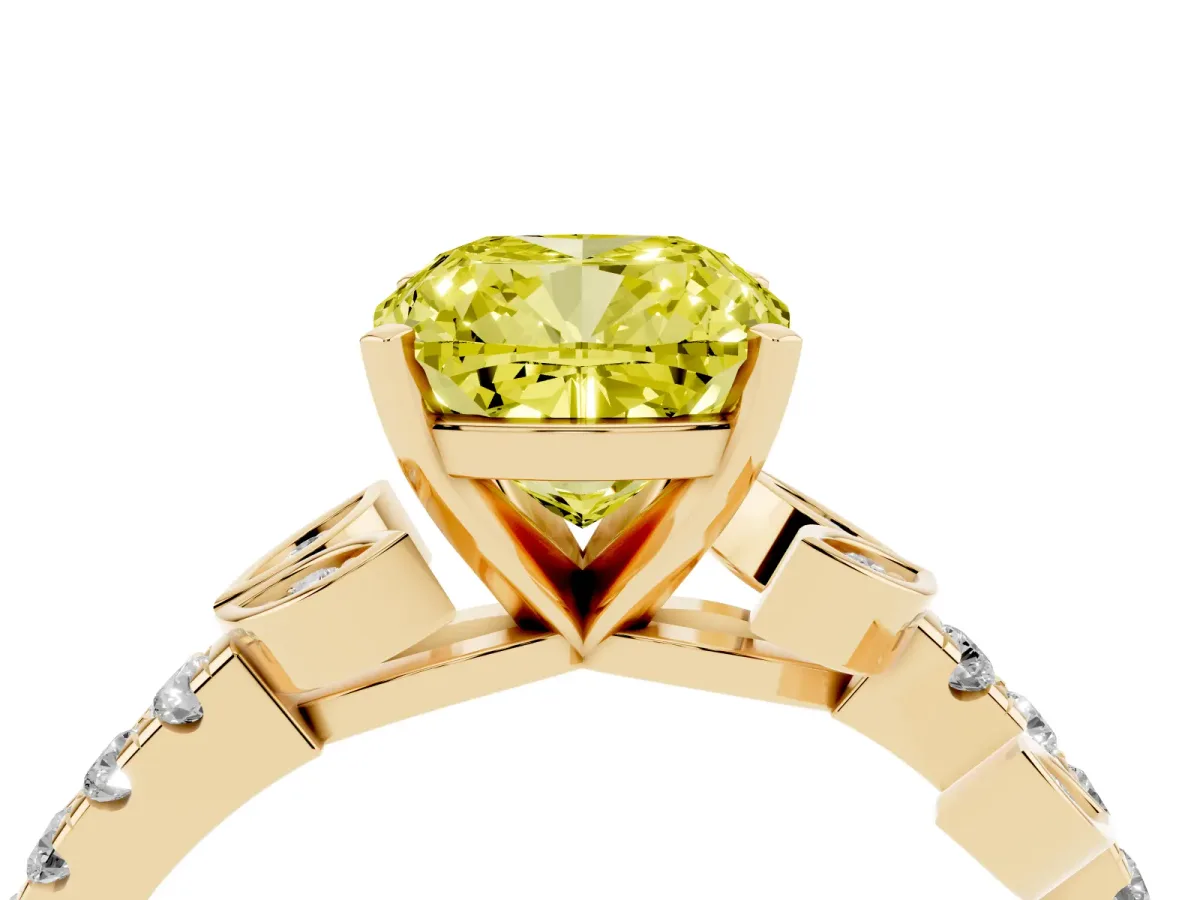 Fancy Yellow Cushion Cut Solitaire Leaf-Inspired Diamond Ring with Pavé Band and Four-Prong Setting Yellow gold