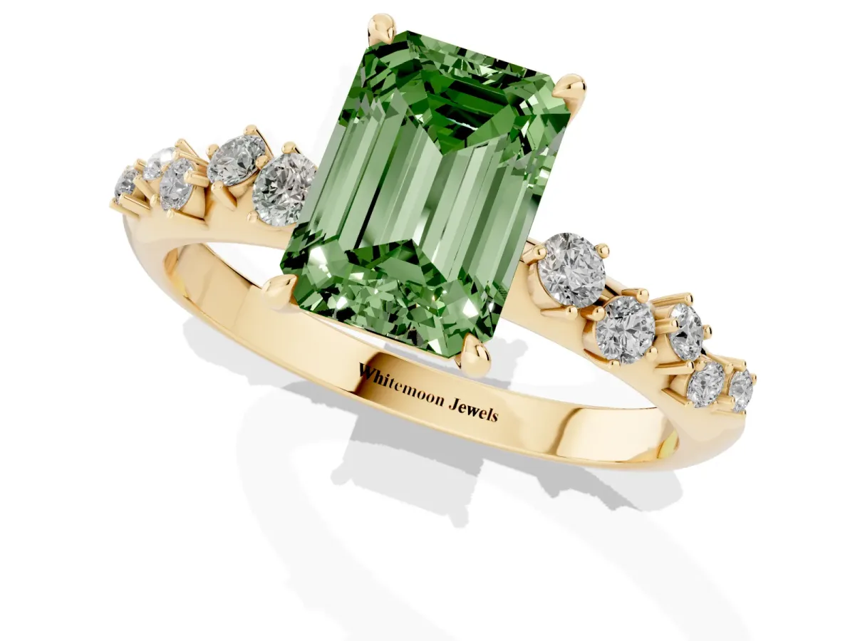 Fancy Green Emerald Cut Diamond Cluster Side Stone Solitaire Ring with Prong Setting Yellow gold