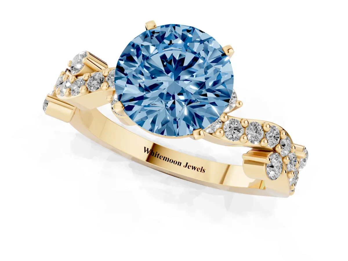 Fancy Blue Round Cut Cut Solitaire Diamond Twisted Band with Pave Setting Yellow gold