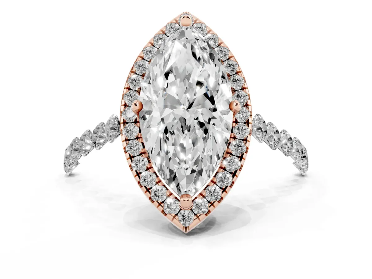 Marquise Cut Halo Pavé Diamond Engagement Ring with Four-Prong Setting Rose gold