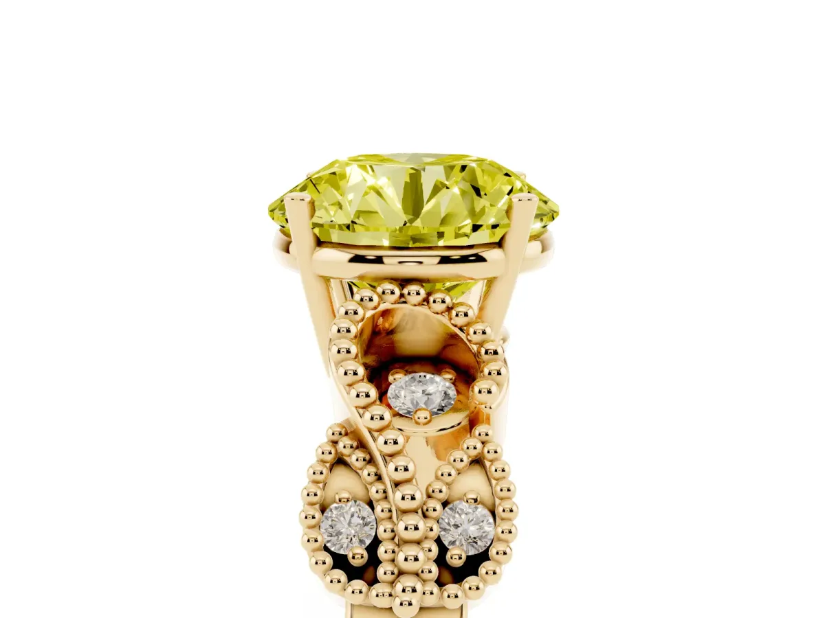 Fancy Yellow Round Cut Solitaire Milgrain Leaf Band with Prong Setting Yellow gold