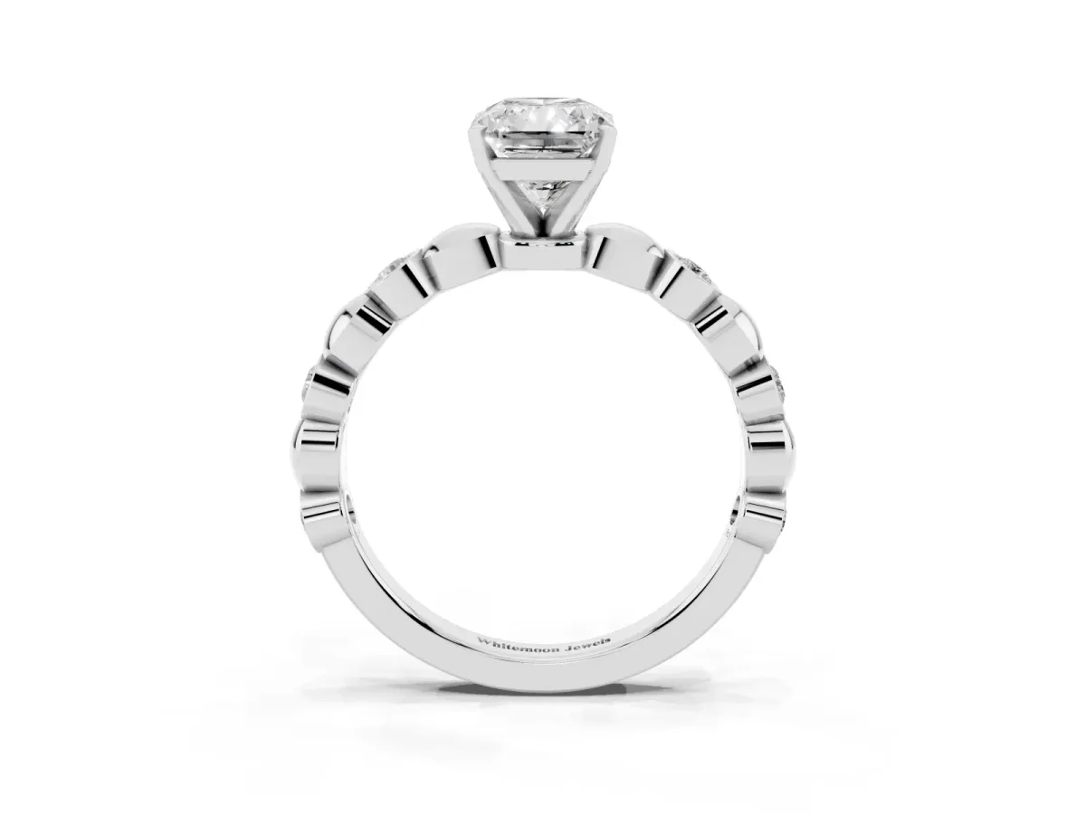 Radiant Cut Solitaire Bezel-Set Diamond Ring with Beaded Band and Four-Prong Setting Silver