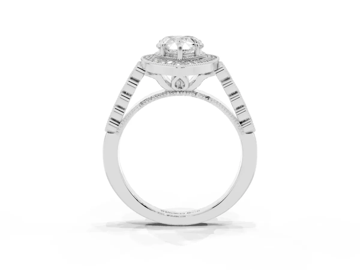 Pear Cut Halo Milgrain Solitaire with Bezel Set Side Stones and Pave Band White gold