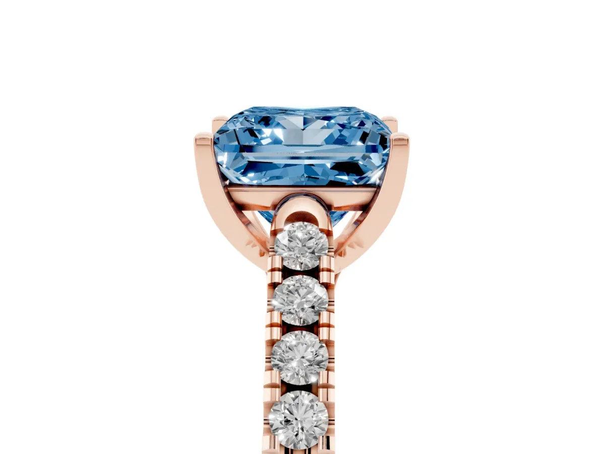 Fancy Blue Princess Cut Diamond Pavé Band Solitaire Ring with Prong Setting Rose gold