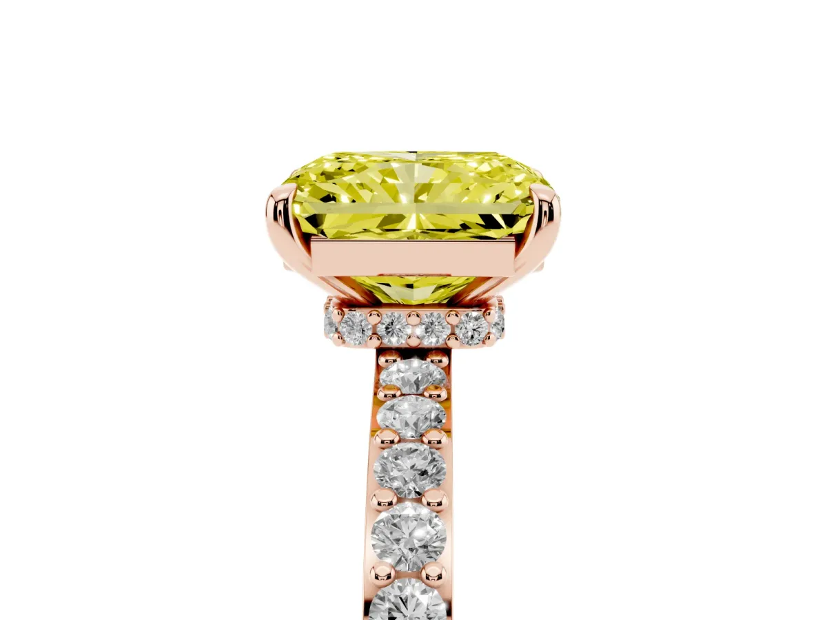 Fancy Yellow Radiant Cut Diamond Pavé Engagement Ring with Round Accents and Prong Setting Rose gold