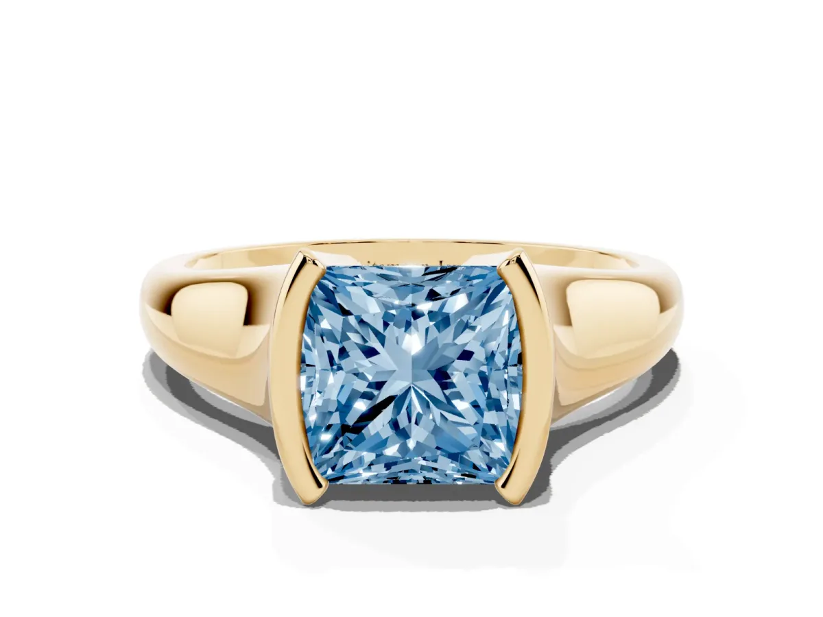 Fancy Blue Princess Cut Solitaire Tension Set Diamond Ring with Split Shank Band Yellow gold