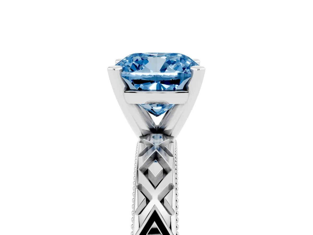Fancy Blue Cushion Cut Solitaire Diamond Ring with Milgrain and Black Enamel X Pattern Band Silver