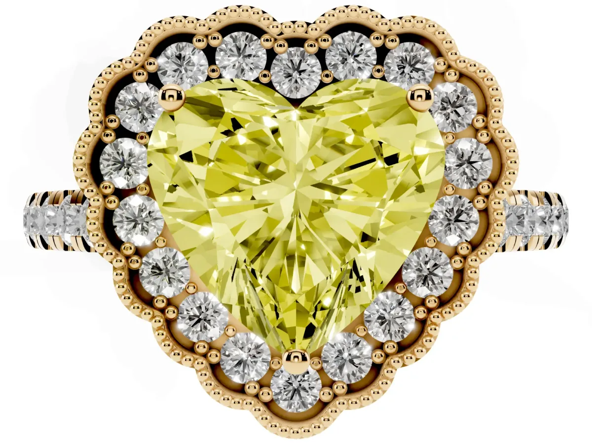 Fancy Yellow Heart Cut Cut Diamond Milgrain Floral Halo Engagement Ring with Pavé Band Yellow gold
