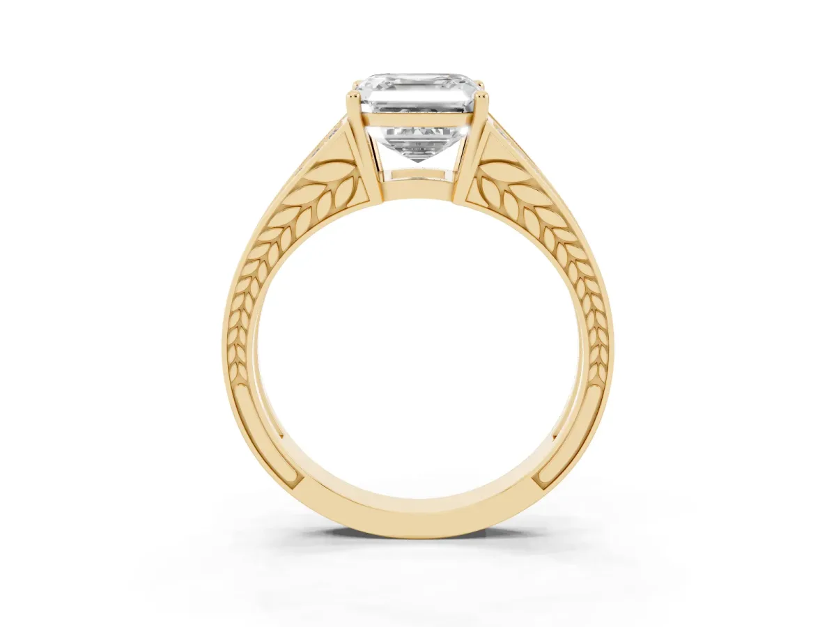 Asscher Cut Diamond Split Shank Ring with Pavé Band and Four-Prong Setting Yellow gold