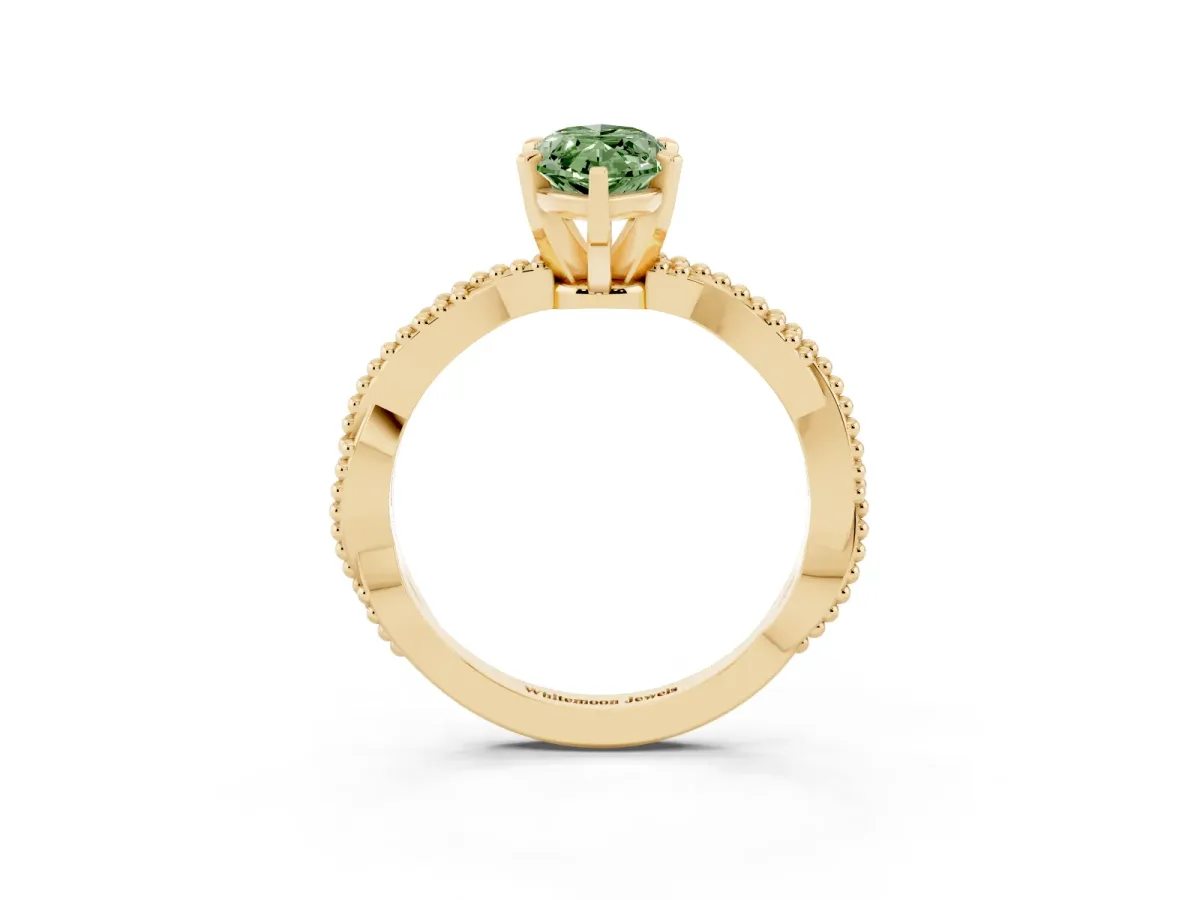 Fancy Green Marquise Cut Solitaire Twisted Band with Bead Prong Setting Yellow gold