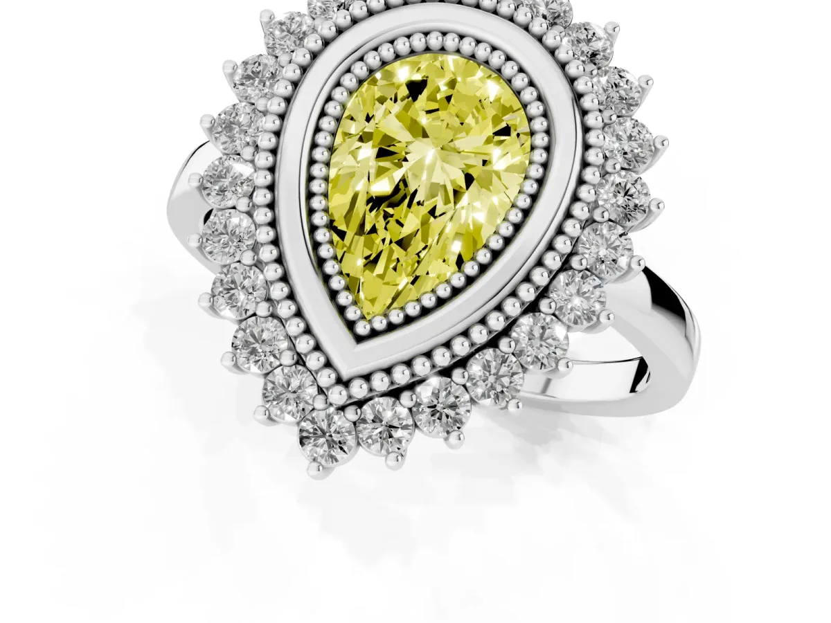 Fancy Yellow Pear Cut Halo Diamond Ring with Milgrain Edge and Round Prong Setting Silver
