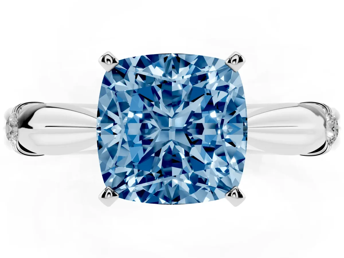 Fancy Blue Cushion Cut Solitaire Diamond Twisted Band with Four-Prong Setting Silver