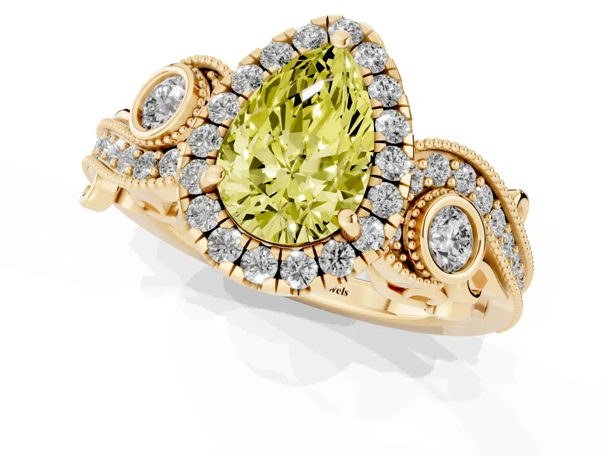 Fancy Yellow Pear Cut Diamond Halo Ring with Milgrain Pavé Band and Four-Prong Setting Yellow gold