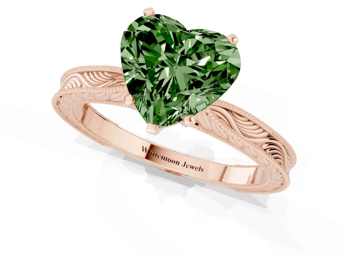 Fancy Green Heart Cut Solitaire Milgrain Engraved Band with Four-Prong Setting Rose gold