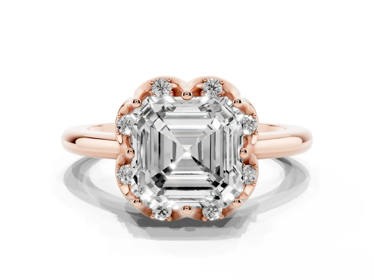 Asscher Cut Halo Diamond Ring with Round Cluster Setting, Solitaire Band, and Four-Prong Setting Rose gold