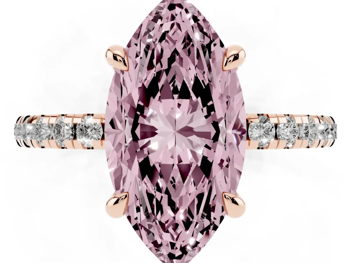 Fancy Pink Marquise Cut Diamond Brilliant Solitaire Ring with Pavé Band and Four-Prong Setting Rose gold