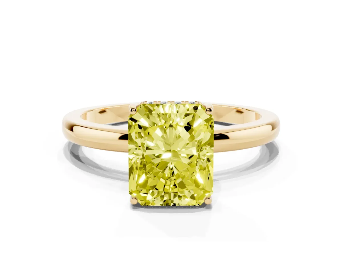 Fancy Yellow Radiant Cut Solitaire Diamond Ring with Prong Setting and Plain Band Yellow gold