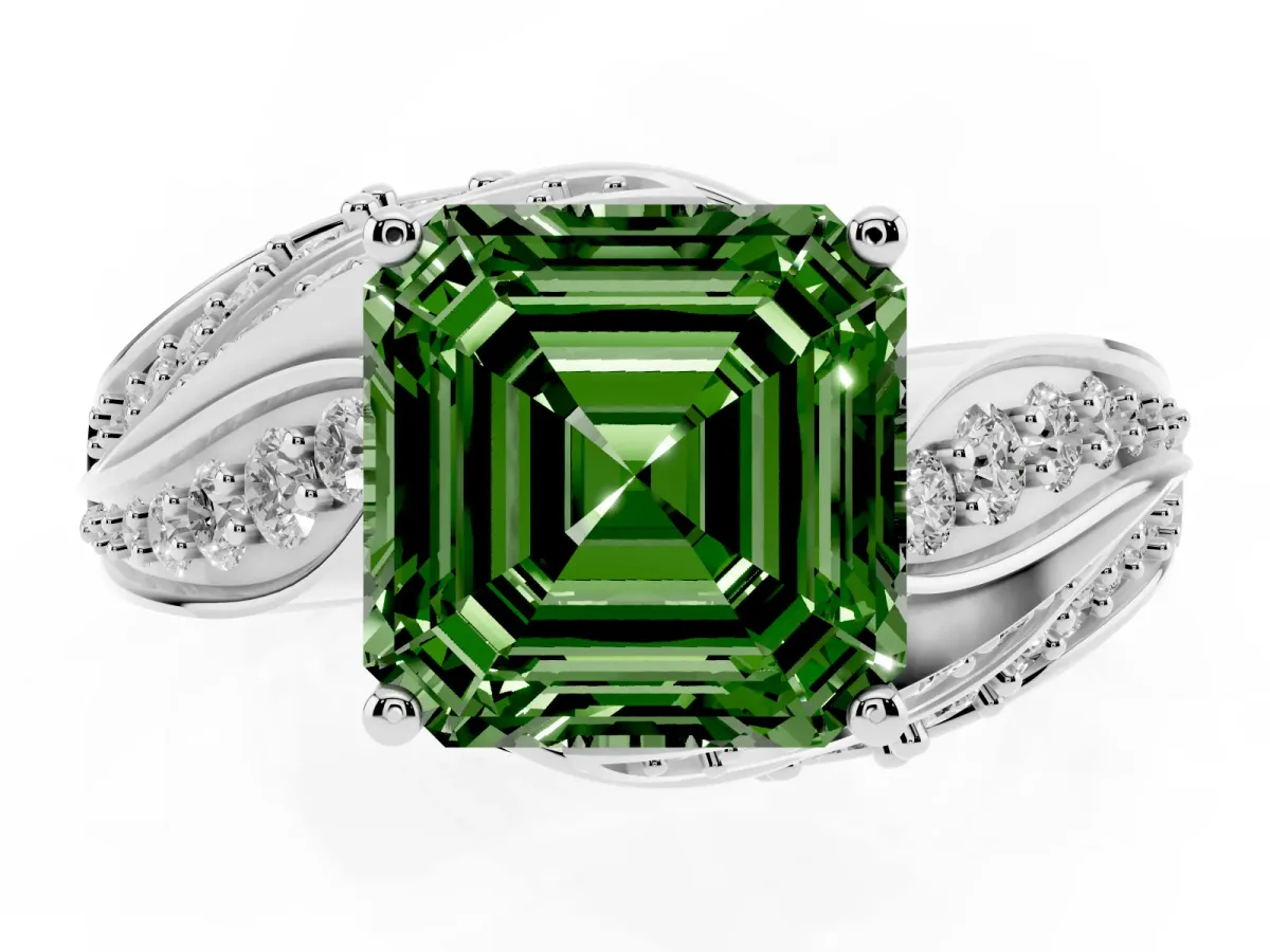 Fancy Green Asscher Cut Diamond Solitaire Ring with Prong Setting and Twisted Pavé Band Silver