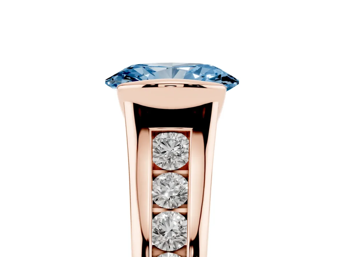 Fancy Blue Oval Cut Solitaire Bezel-Set Diamond Ring with Channel-Set Band Rose gold
